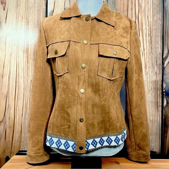 Promesa Suede like material Brown Patterned Button Up Jacket size M - Picture 1 of 11